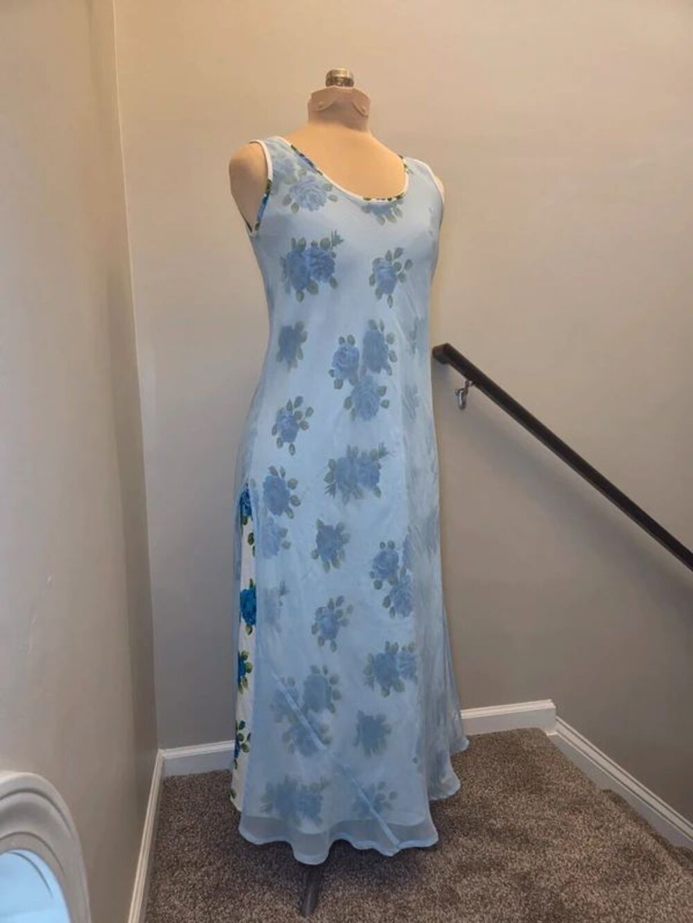 Vtg 90s/Y2K Ethereal Fairy Blue Rose Floral Maxi Slip Dress Coquette Soft Girl